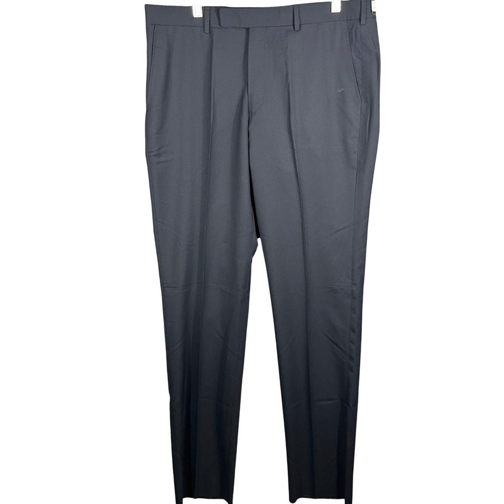 Hertling Dress Pants Mens 38R Navy Blue Como 100% Wool Made in USA Flat Front